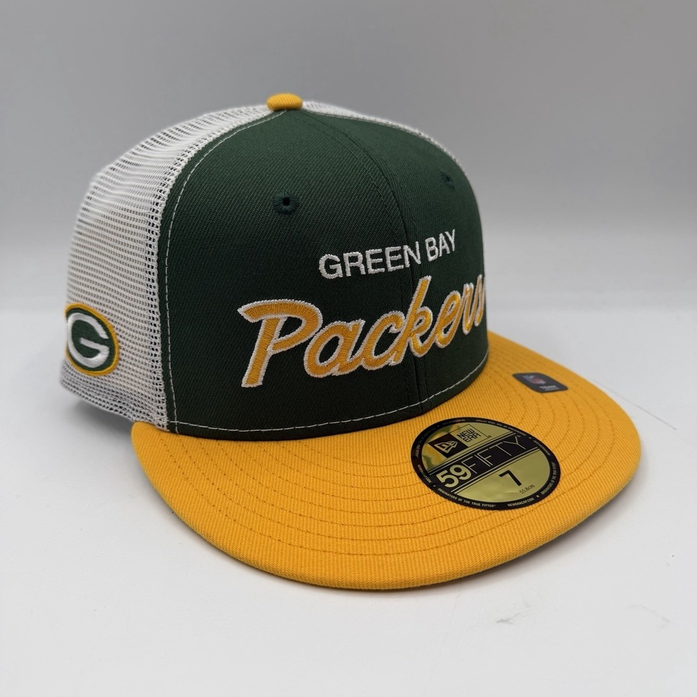 New Era 59Fifty Green Bay Packers Script Hat Cap Size 7 Fitted Mesh Back NFL